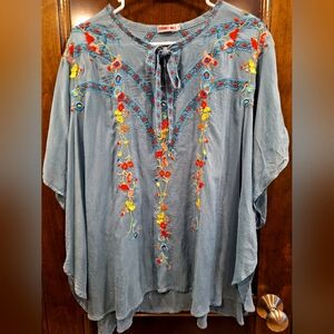 Johnny Was sheer floral embroidered short sleeved blouse with tie front -size XS